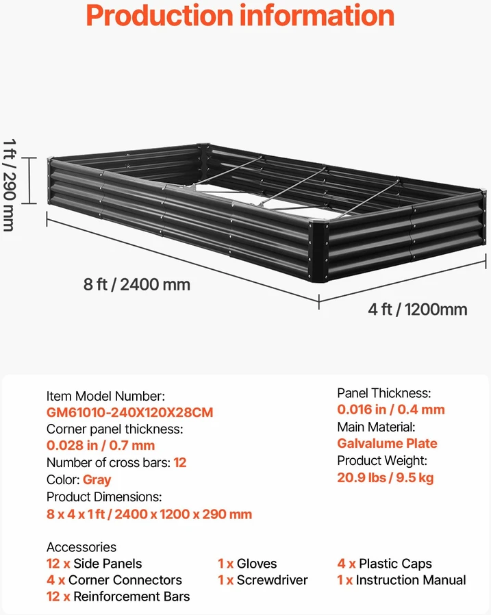 VEVOR Pakeliama metalinė daržovių lysvė, 240 x 120 x 28 cm, tamsiai pilka