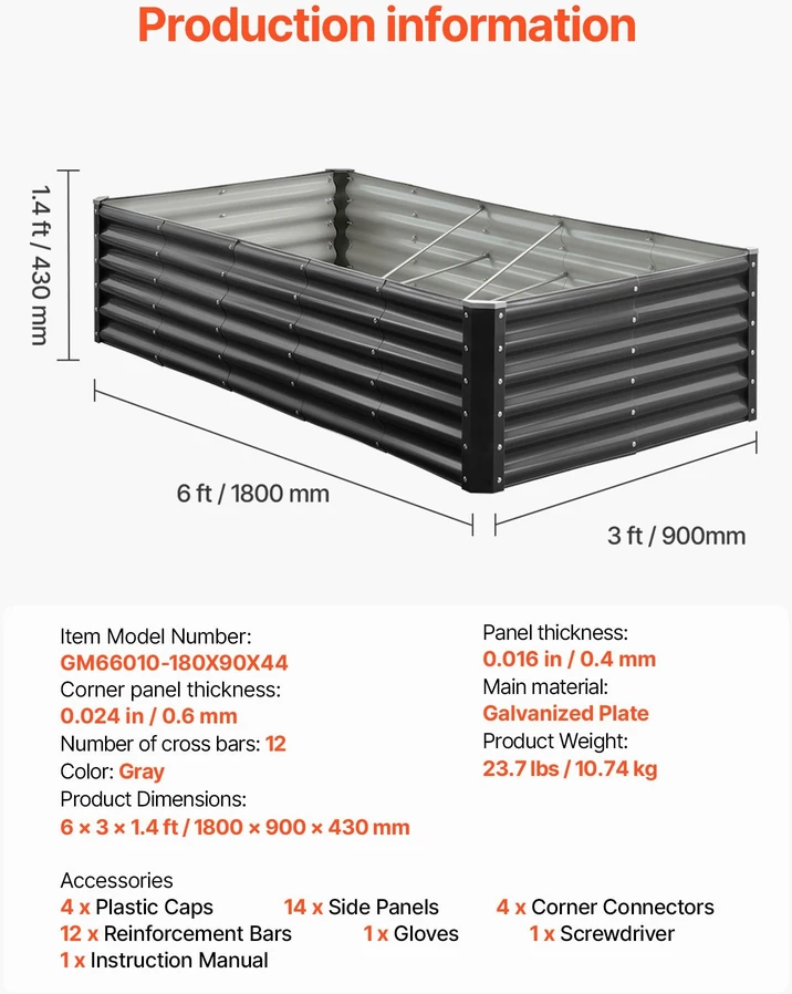 Vevor Metalinė daržovių lysvė 180x90x60cm tamsiai pilka