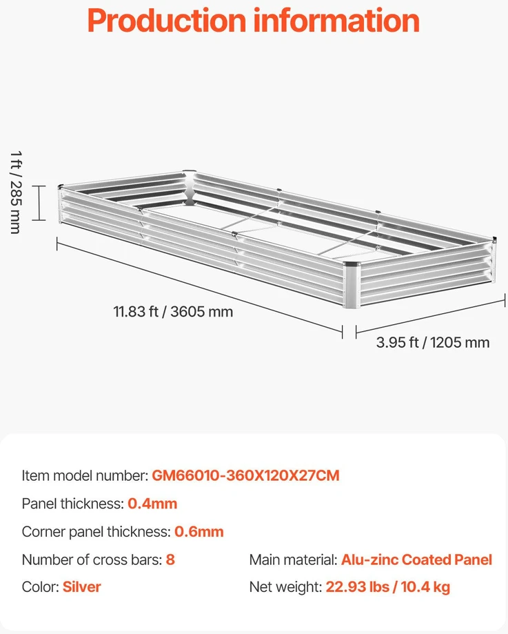 Vevor Metalinė daržovių lysvė 3605x1205x285mm sidabrinė