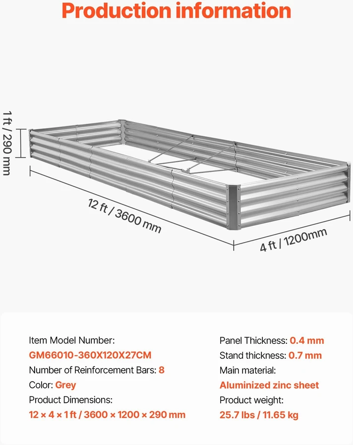 Vevor Metalinė daržovių lysvė 3605x1205x285mm sidabrinė