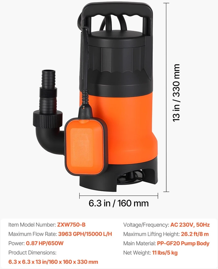 VEVOR 650W panardinamas siurblys baseinams ir sodams