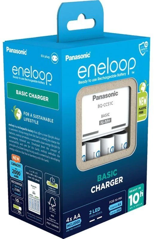 PANASONIC Paprastas įkroviklis + 4x AA ENELOOP 2000 mAh baterijos