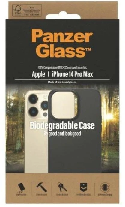 Panzer Glass PanzerGlass | Biologiškai skaidus dėklas | Nugaros apsauga | Apple | iPhone 14 Pro Max | Biologinis plastikas | Juodas | Suderinamas su belaidžiu įkrovimu; Karinio laipsnio standartas; 100% kompostuojamas