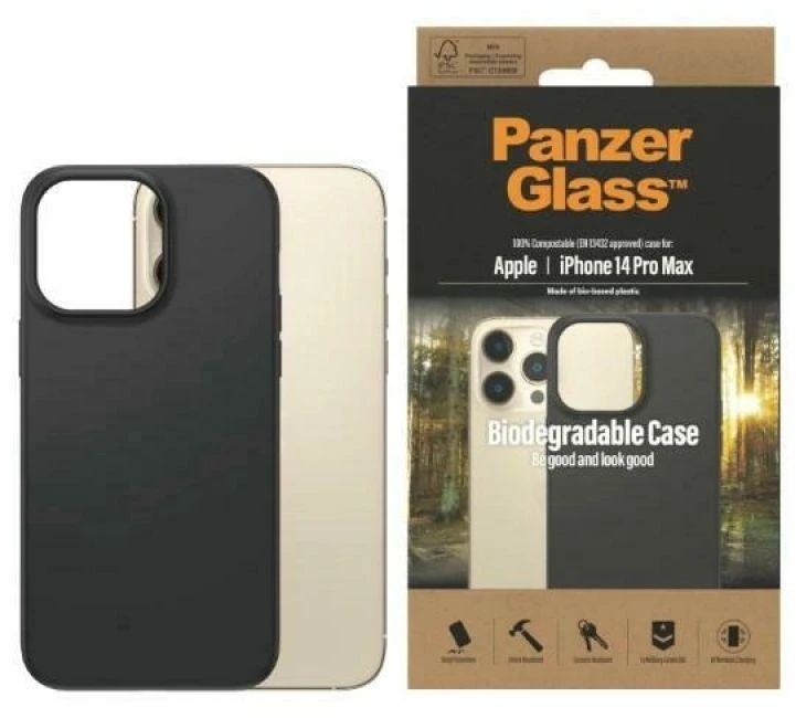 Panzer Glass PanzerGlass | Biologiškai skaidus dėklas | Nugaros apsauga | Apple | iPhone 14 Pro Max | Biologinis plastikas | Juodas | Suderinamas su belaidžiu įkrovimu; Karinio laipsnio standartas; 100% kompostuojamas