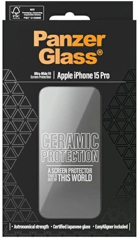 Panzer Glass PanzerGlass Ceramic Protection keraminis stiklas, skirtas iPhone 15 Pro, su montavimo rėmeliu