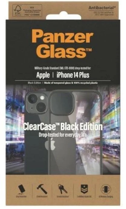 Panzer Glass PanzerGlass | ClearCase su Juodas rėmeliu | Byla | Apple | iPhone 14 Plus | Juodas | Karinio laipsnio standartas; Atsparus įbrėžimams; Atsparus smūgiams; Antibakterinis; 100% perdirbta rėmo medžiaga