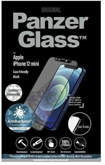 Panzer Glass PanzerGlass E2E mikrolūžių antibakterinis stiklas su Swarovsky Crystal fotoaparato dangteliu Apple iPhone 12 mini - su Juodas rėmeliu