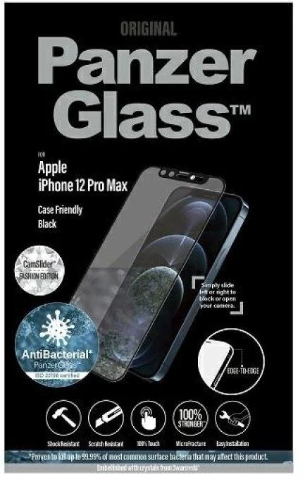 Panzer Glass PanzerGlass E2E mikrolūžių antibakterinis stiklas su fotoaparato dangteliu su Swarovski kristalu Apple iPhone 12 Pro Max - su Juodas rėmeliu