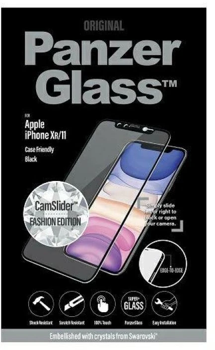 Panzer Glass PanzerGlass E2E Super+ grūdintas stiklas su fotoaparato dangteliu su Swarovski kristalu, skirtas iPhone XR / 11 - su juodu rėmeliu