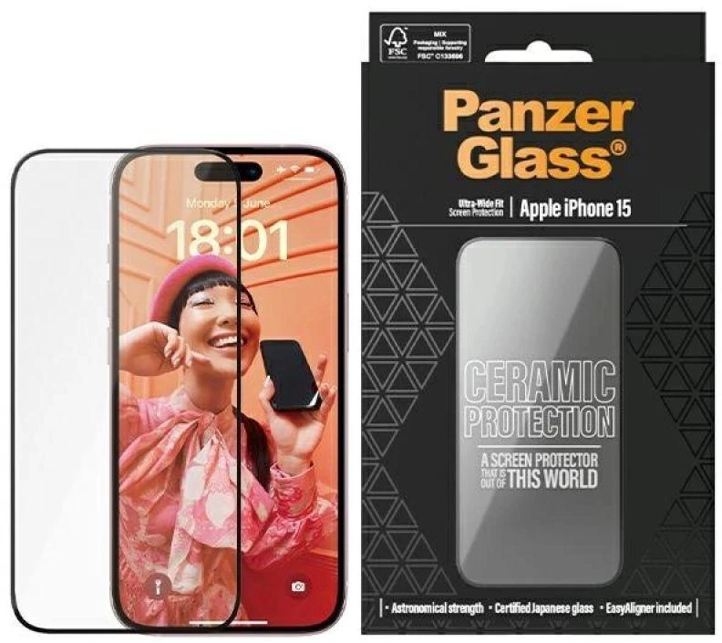 Panzer Glass PanzerGlass | Ekrano apsauga | Apple | iPhone 15 | Keramika, Grūdintas stiklas, Polietileno tereftalatas (PET) | Juodas/Skaidrus | Itin platus pritaikymas w. EasyAligner