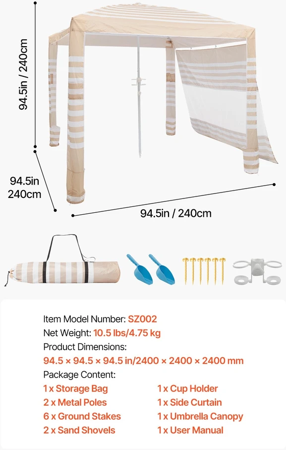 VEVOR Paplūdimio pavėsinė su šonine sienele, 2,4 x 2,4 m