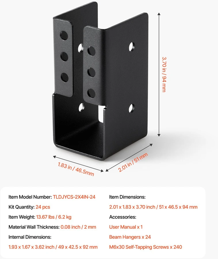 VEVOR 24 vnt. paslėptų sijos laikiklių 49x92 mm