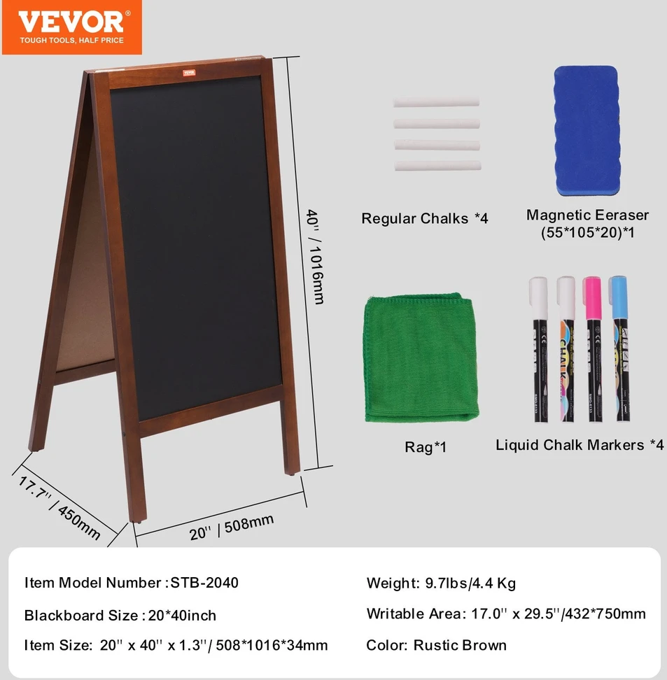 VEVOR Dvipusė lauko lentelė su kreida 50x100 cm