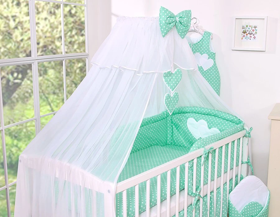 Patalynės komplektas su tinkleliu Hanging Hearts, mėtų spalvos