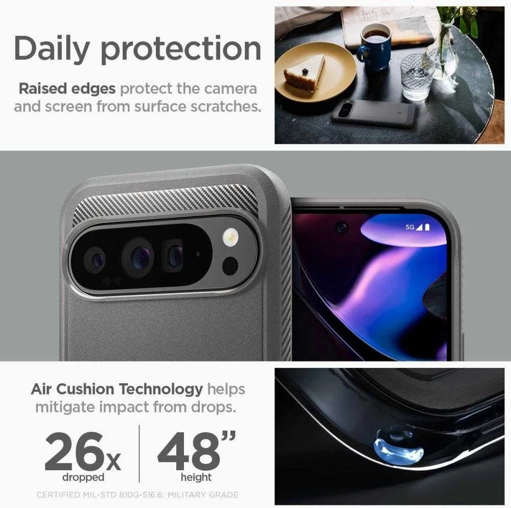 Google Pixel 9 PRO XL Spigen Rugged Armor Marble dėklas telefonui pilkos spalvos