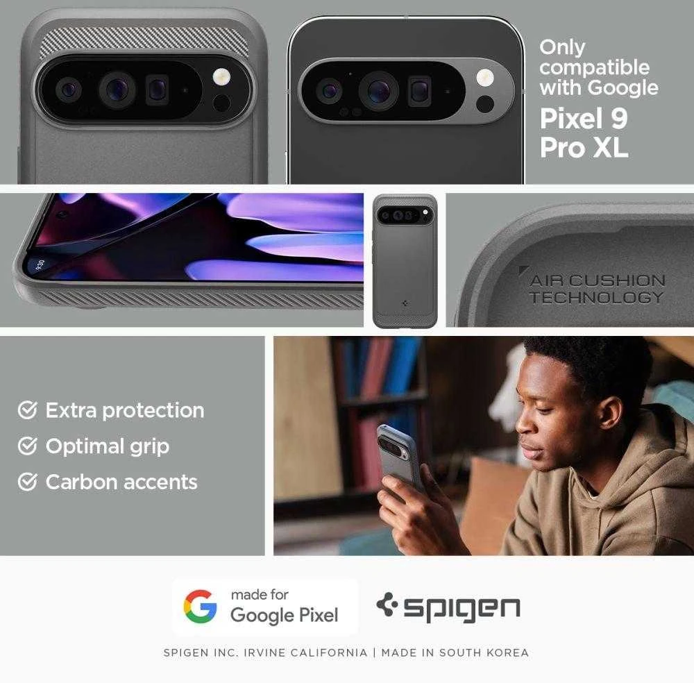 Google Pixel 9 PRO XL Spigen Rugged Armor Marble dėklas telefonui pilkos spalvos