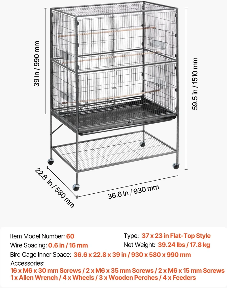VEVOR Paukščių narvas 930 x 580 x 1510 mm su lygiu stogu