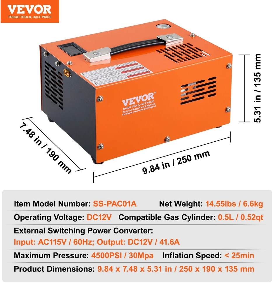 VEVOR PCP oro kompresorius 4500 PSI išorinis keitiklis