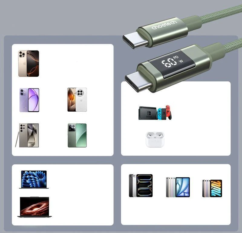Choetech XCC-1068 PD 60W USB-C - USB-C Cable with Ekranas 1.2 m - Žalias