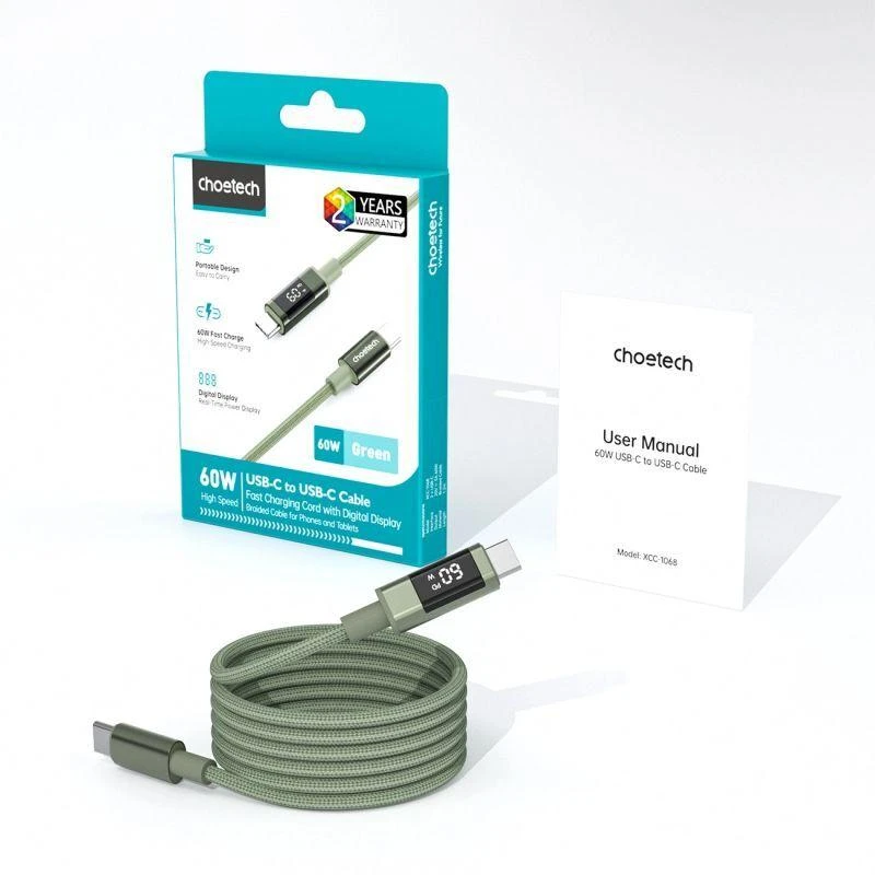 Choetech XCC-1068 PD 60W USB-C - USB-C Cable with Ekranas 1.2 m - Žalias