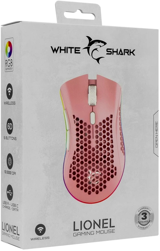 White Shark Baltas Shark Baltas Shark belaidė žaidimų pelė LIONEL, 6D, 10 000 dpi, rožinės spalvos