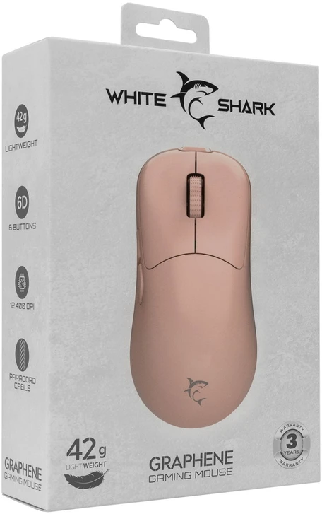 White Shark Baltas Shark Baltas Shark žaidimų pelė GRAPHENE, 6D, 6200 dpi, rožinės spalvos (GM-5014)