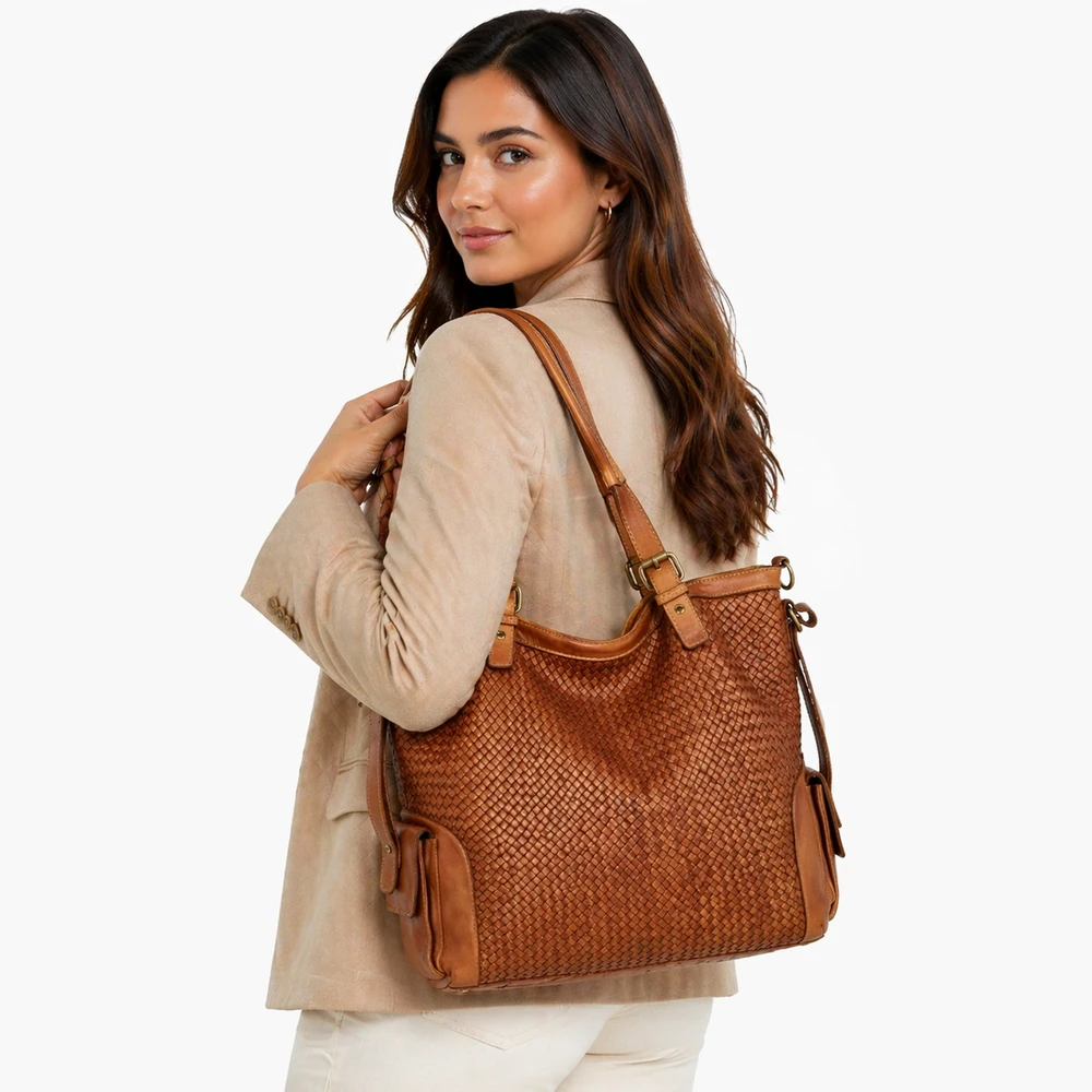 PELLE LAVATA Skórzana Vintage Torebka ShopperBag Na Ramię A4 Pleciona Duża