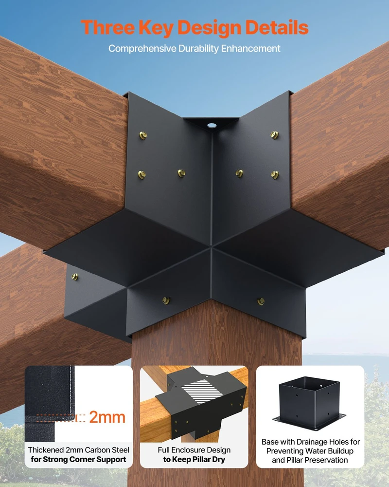Vevor Pergolos laikiklių rinkinys 152,4 x 152,4 mm, 4 krypčių tvirtas kampinis laikiklis, stulpo pagrindas