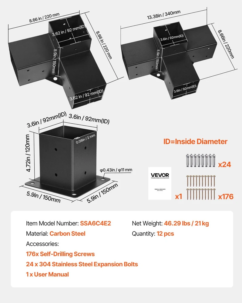 VEVOR 4x4 colių pergolos tvirtinimo rinkinys su pagrindais