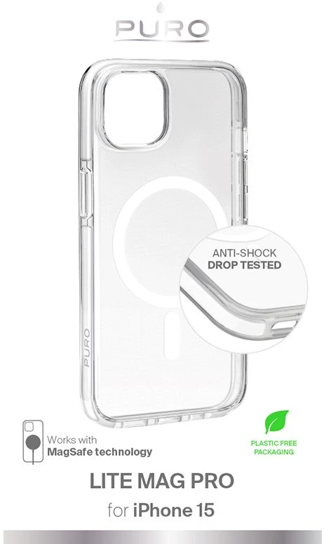 Permatomas dėklas iPhone 15 MagSafe, Puro LITEMAG PRO