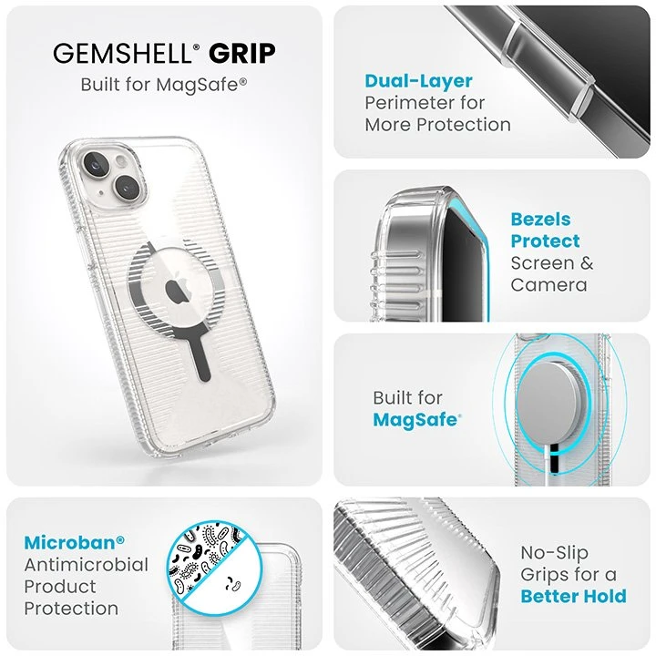 Speck Gemshell Grip + MagSafe - dėklas skirtas Apple iPhone 15 Plus / Apple iPhone 14 Plus Clear / Chrome Finish