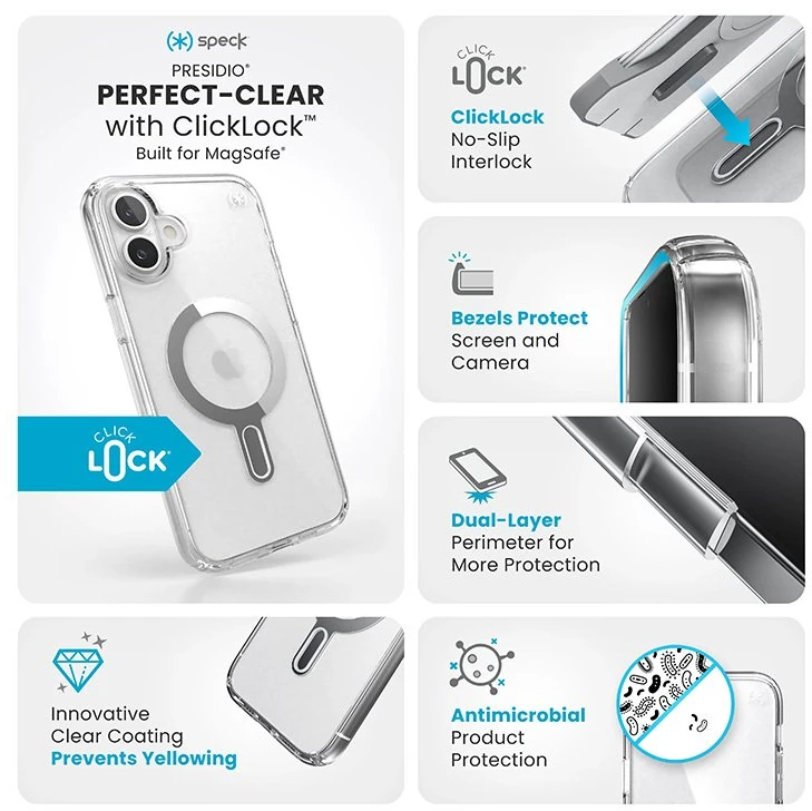 Speck Presidio Perfect-Clear ClickLock & MagSafe - dėklas skirtas Apple iPhone 16 Plus Clear / Chrome Finish / Serene Sidabrinis