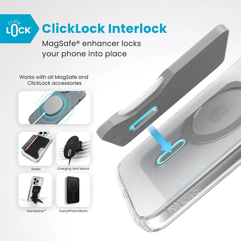 Speck Presidio Perfect-Clear ClickLock & MagSafe - dėklas skirtas Apple iPhone 16 Plus Clear / Chrome Finish / Serene Sidabrinis