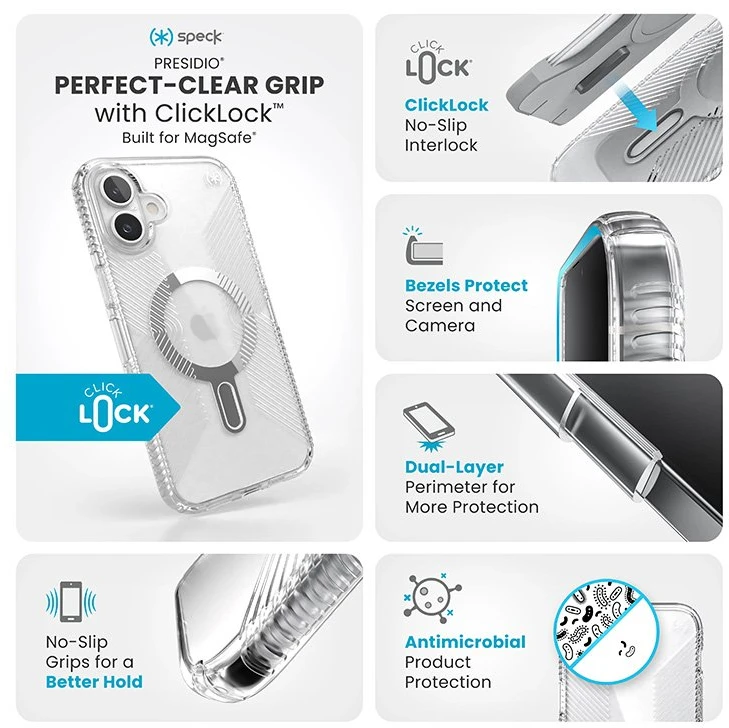 Speck Presidio Perfect-Clear Grip ClickLock & MagSafe - dėklas skirtas Apple iPhone 16 Plus Clear / Chrome Finish / Serene Sidabrinis