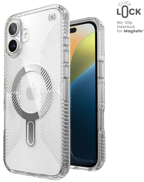 Speck Presidio Perfect-Clear Grip ClickLock & MagSafe - dėklas skirtas Apple iPhone 16 Plus Clear / Chrome Finish / Serene Sidabrinis
