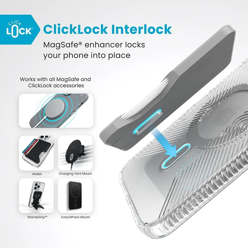 Speck Presidio Perfect-Clear Grip ClickLock & MagSafe - dėklas skirtas Apple iPhone 16 Plus Clear / Chrome Finish / Serene Sidabrinis