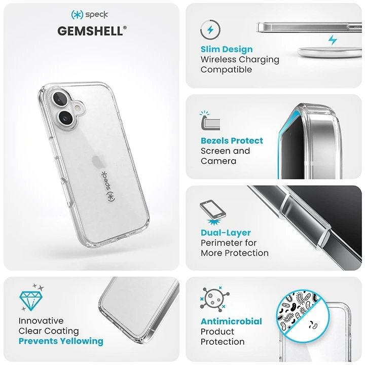 Speck „Gemshell“ dėklas, skirtas „iPhone 16“, permatomas