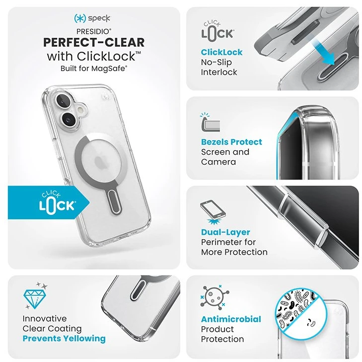 Dėklas Speck Presidio Perfect-Clear ClickLock & MagSafe do iPhone 16 permatomas