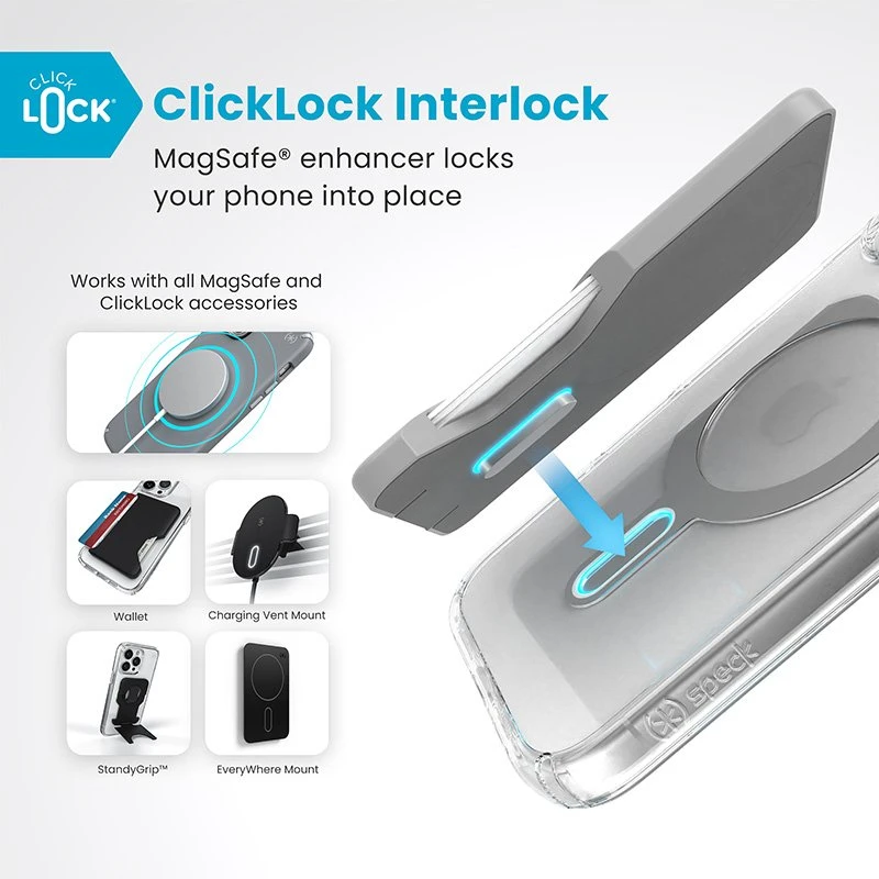 Dėklas Speck Presidio Perfect-Clear ClickLock & MagSafe do iPhone 16 permatomas