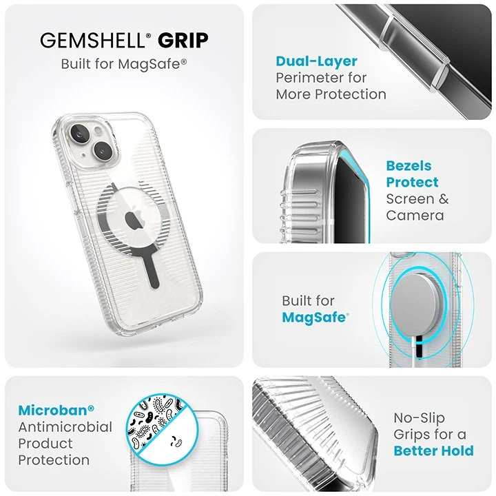 Speck Gemshell Grip + MagSafe - dėklas skirtas Apple iPhone 16e / Apple iPhone 15 / Apple iPhone 14 / Apple iPhone 13 Clear / Chrome Finish