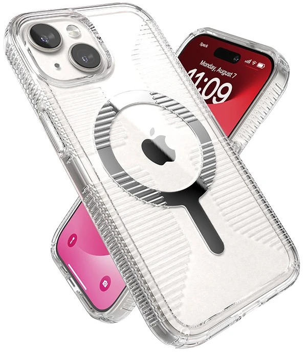Speck Gemshell Grip + MagSafe - dėklas skirtas Apple iPhone 16e / Apple iPhone 15 / Apple iPhone 14 / Apple iPhone 13 Clear / Chrome Finish