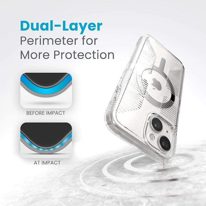 Speck Gemshell Grip + MagSafe - dėklas skirtas Apple iPhone 16e / Apple iPhone 15 / Apple iPhone 14 / Apple iPhone 13 Clear / Chrome Finish