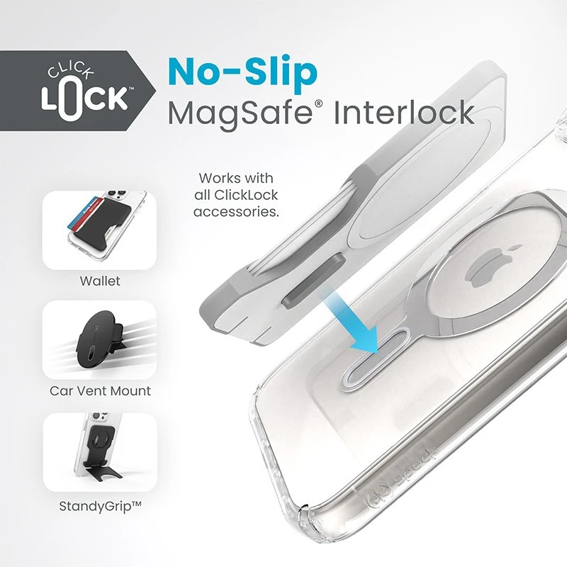 Dėklas Speck Presidio Perfect-Clear ClickLock & Magsafe do iPhone 15 Plus / iPhone 14 Plus (Clear / Chrome Finish / Serene Sidabrinis)