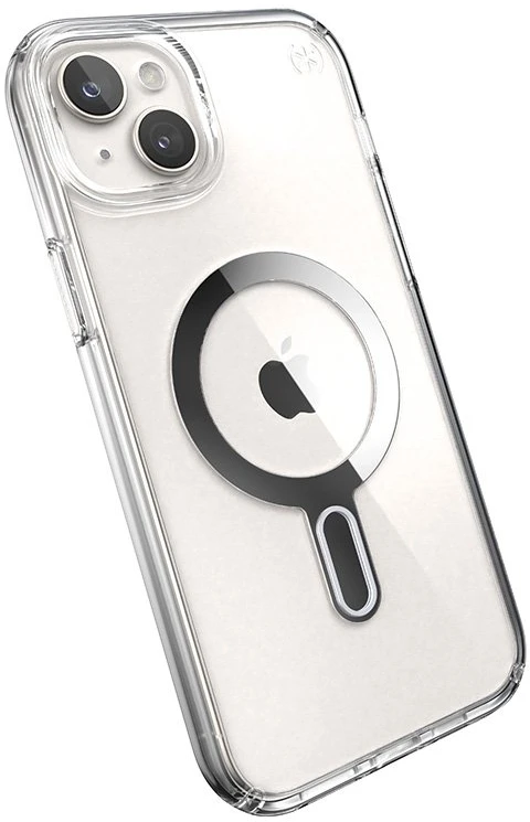 Dėklas Speck Presidio Perfect-Clear ClickLock & Magsafe do iPhone 15 Plus / iPhone 14 Plus (Clear / Chrome Finish / Serene Sidabrinis)