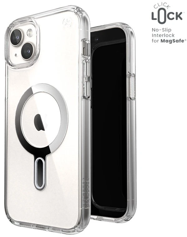 Dėklas Speck Presidio Perfect-Clear ClickLock & Magsafe do iPhone 15 Plus / iPhone 14 Plus (Clear / Chrome Finish / Serene Sidabrinis)