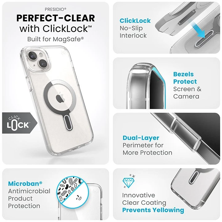 Dėklas Speck Presidio Perfect-Clear ClickLock & Magsafe do iPhone 15 Plus / iPhone 14 Plus (Clear / Chrome Finish / Serene Sidabrinis)