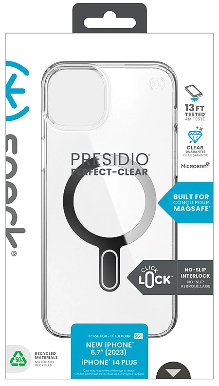 Dėklas Speck Presidio Perfect-Clear ClickLock & Magsafe do iPhone 15 Plus / iPhone 14 Plus (Clear / Chrome Finish / Serene Sidabrinis)