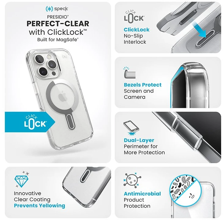Speck Presidio Perfect-Clear ClickLock & MagSafe - dėklas skirtas Apple iPhone 16 Pro Clear / Chrome Finish / Serene Sidabrinis