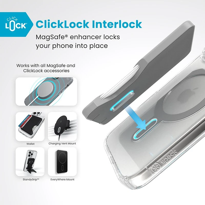 Speck Presidio Perfect-Clear ClickLock & MagSafe - dėklas skirtas Apple iPhone 16 Pro Clear / Chrome Finish / Serene Sidabrinis