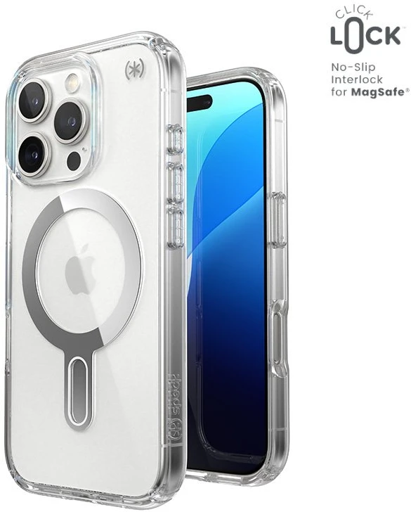 Speck Presidio Perfect-Clear ClickLock & MagSafe - dėklas skirtas Apple iPhone 16 Pro Clear / Chrome Finish / Serene Sidabrinis